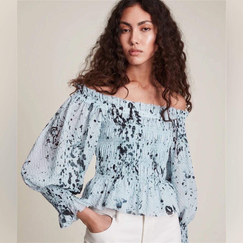 All Saints Blue and Black Off-Shoulder Blouse
